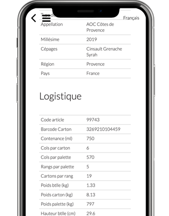 Informations techniques et logistiques dans la Web App vin.co